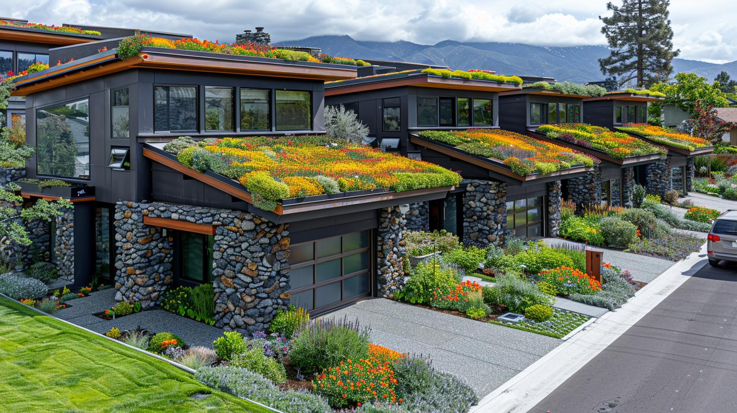 Eco-friendly buildings featuring green roofs and majestic cypress