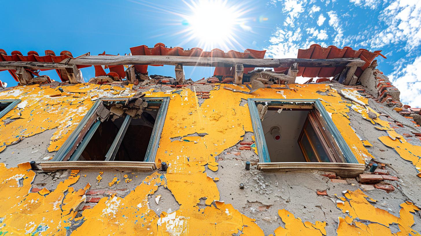 Close-up view of roof damage in Garden Grove due to heavy winds